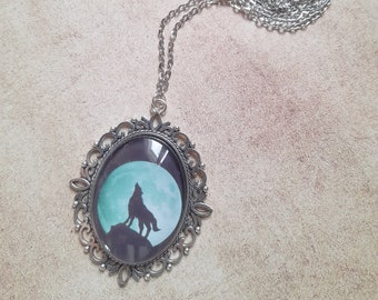 Wolf necklace, glass cabochon, wolf jewelry