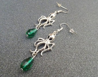 Octopus earrings, faceted glass drops, Cthulhu earrings, pirates, mermaids, emerald green, silver