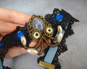 Steampunk octopus necklace, victorian octopus necklace, steampunk choker, sodalite necklace