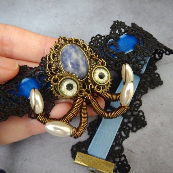 Collier pieuvre victorien, tour de cou steampunk, baroque, cabochon sodalite