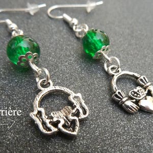 Boucles d'oreilles irlandaises, anneau de Claddagh, Saint Patrick, bijoux celtiques, vert, verre image 2