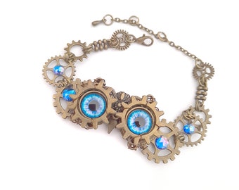 Blue steampunk owl bracelet, owl