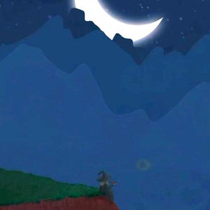 May include: A digital illustration of a night scene with a crescent moon and mountains. A small figure sits on a green cliff, gazing at the moon. The sky is dark blue with a few stars.