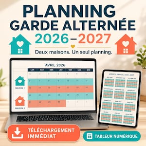 Puede incluir: Una herramienta de planificación digital para horarios de custodia compartida titulada PLANNING GARDE ALTERNÉE 2026-2027. La pantalla muestra un calendario mensual de abril 2026 y una vista anual en portátil y tableta con iconos de casas.