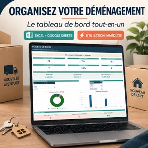 Umzugs-Dashboard – Excel- und Google Sheets-Planer, Checkliste, Budget, Boxen und Verfahren Frankreich
