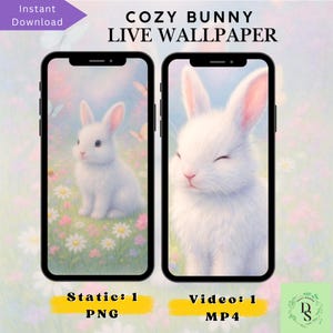 May include: Two smartphones displaying a cute white bunny live wallpaper. The left phone shows a bunny in a field of flowers, and the right phone shows a close-up of a bunny's face. Text on the image reads "COZY BUNNY LIVE WALLPAPER".