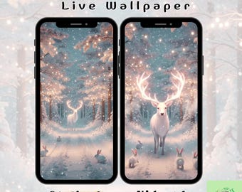 May include: Two smartphones displaying a winter scene with a reindeer and rabbits in a snowy forest. The text "Winter Reindeer Live Wallpaper" is above the screens. Below, text indicates static PNG and video MP4 formats are available for instant download.