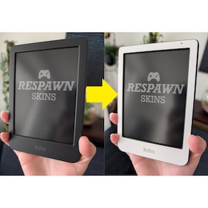 May include: A black and white Kobo e-reader with the text "RESPAWN SKINS" and a game controller icon on the screen. The e-reader is held in a person's hand. The word "kobo" is printed at the bottom of the e-reader.