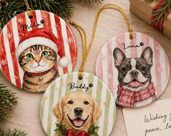 Personalized Pet Christmas Ornament, Custom Dog Cat Portrait with Name, Pet Lover Christmas Gift, Holiday Tree Keepsake