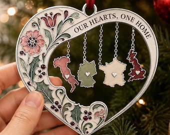 Long Distance Family Heart Ornament, Our Hearts One Home Christmas Gift, Family Abroad Keepsake, Country Map Decor