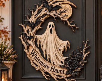 Personalized Halloween Door Sign, Custom Family Name Ghost Decor, Spooky Housewarming Gift, Gothic Front Door Hanging