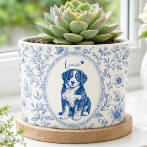 May include: A white ceramic planter with a blue floral pattern and a central oval frame containing a drawing of a puppy and the name Luna with a paw print. A green succulent plant sits inside the pot, which rests on a circular wooden base.