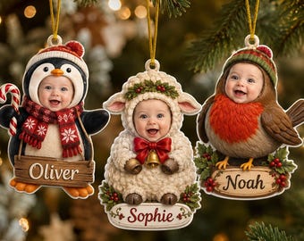 名入れベビークリスマスオーナメント、カスタム写真入り動物オーナメント、赤ちゃんの初めてのクリスマスギフト、記念ツリーデコレーション