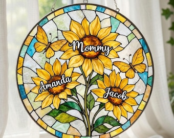 Personalized Mom Sunflower Suncatcher: Stained Glass Style Floral Window Hanging