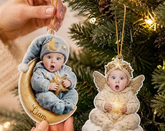 パーソナライズされた赤ちゃんの写真入りオーナメント、カスタムムーンエンジェルクリスマスオーナメント、新生児へのホリデーギフト、赤ちゃんの記念品ツリーデコレーション