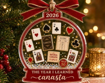 パーソナライズされたカナスタクリスマスオーナメント、カスタムカードプレイヤーギフト、2026年ゲームナイト記念品、カナスタ愛好家のツリーデコレーション