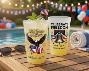 パーソナライズされたアメリカカップ250個、7月4日の独立記念日パーティー用カスタムカップ、愛国的な家族の名前入り