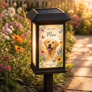 Op de afbeelding: Een zwarte solar tuinlamp op een paal met een rechthoekig paneel voorzien van een portret van een gele Labrador retriever, de naam Max, de jaren 2011-2026 en de tekst Forever in My Heart, omringd door kleurrijke bloemen en vlinders.