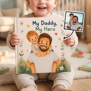 May include: A personalized children's book titled "My Daddy, My Hero" held by a smiling baby. The cover features an illustration of a father carrying his son on his back, surrounded by flowers and butterflies. A small photo shows the father and son at the beach.