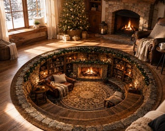 Cozy Library Round Rug, Fireplace Reading Nook Area Rug, Dark Academia Home Decor, Book Lover Gift, Rustic Floor Mat