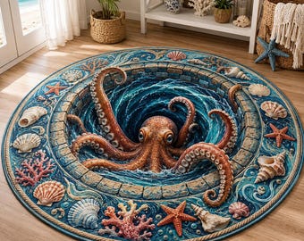 3D Octopus Ocean Illusion Rug, Coastal Round Area Rug for Beach House, Nautical Sea Life Decor, Ocean Lover Gift