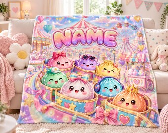 Personalized Kawaii Blanket for Girls, Custom Name Carnival Throw, Birthday Gift for Daughter, Cute Pastel Bedroom Decor