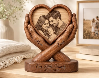 Recuerdo familiar de madera personalizado, escultura de corazón con foto personalizada, regalo para mamá y papá, decoración para aniversario de recuerdos familiares.