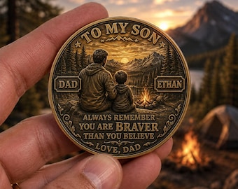 Personalized Camping Challenge Coin for Son, Custom Pocket Token from Dad, Hiking Gift, Outdoor Adventure Keepsake, Birthday Gift
