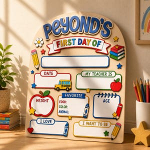 Op de afbeelding: Een boogvormig houten bord met de titel PEYOND'S FIRST DAY OF en lege ruimtes voor schoolinformatie. Het bevat kleurrijke illustraties van een gele schoolbus, een rode appel, een stapel boeken, potloden en sterren op een lichte achtergrond.