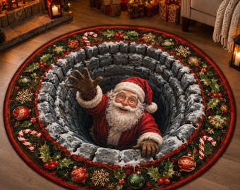 Christmas Santa Chimney Illusion Rug, Funny 3D Santa Area Rug, Family Holiday Decor, Christmas Gift for Kids