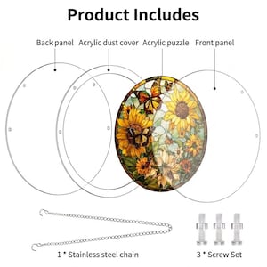 Puede incluir: Un panel decorativo de vidrieras con girasoles y mariposas. Incluye panel trasero, cubierta antipolvo acr&iacute;lica, rompecabezas acr&iacute;lico, panel frontal, una cadena de acero inoxidable y un juego de tornillos. El texto "Product Includes" est&aacute; en la parte superior.