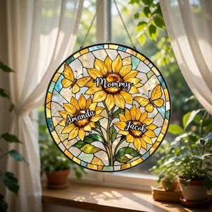 Personalized Mom Sunflower Suncatcher: Stained Glass Style Floral Window Hanging image 3