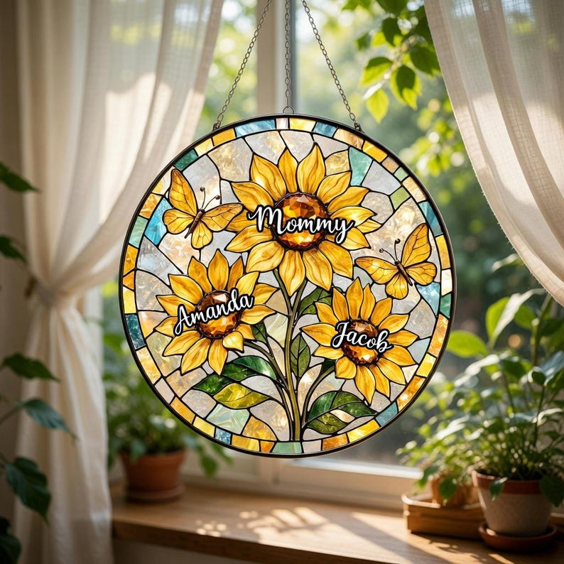 Personalized Mom Sunflower Suncatcher: Stained Glass Style Floral Window Hanging image 3