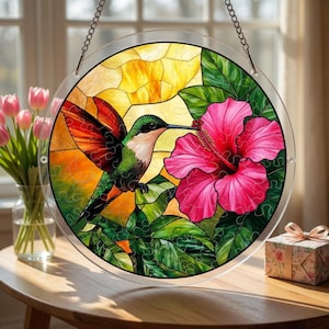 Hummingbird Stained Glass Puzzle, Hibiscus Flower Jigsaw, Window Suncatcher, Unique Puzzle Gift, Spring Home Decor
