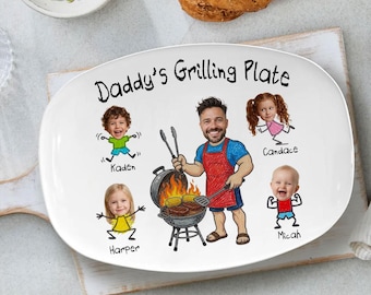 Personalized Daddy Grilling Plate, Custom BBQ Plate with Kids Faces, Father Gift