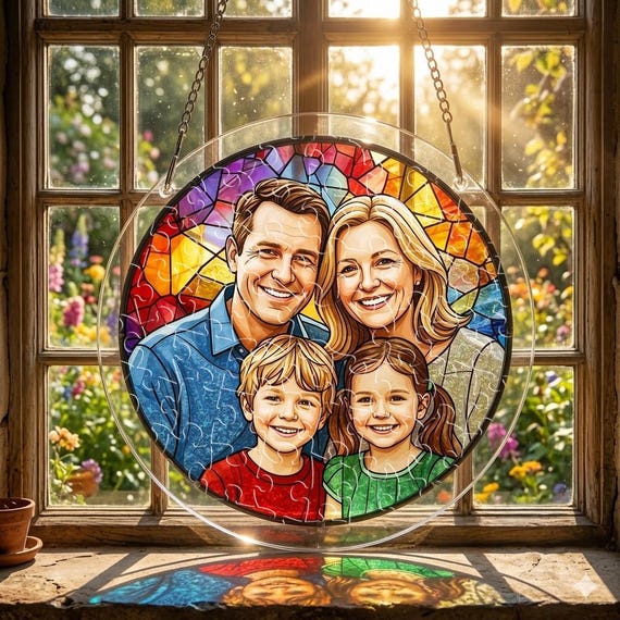 Acrylic Suncatcher Puzzle Custom Family Portrait Stained Glass Style Gift