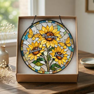 Personalized Mom Sunflower Suncatcher: Stained Glass Style Floral Window Hanging image 2