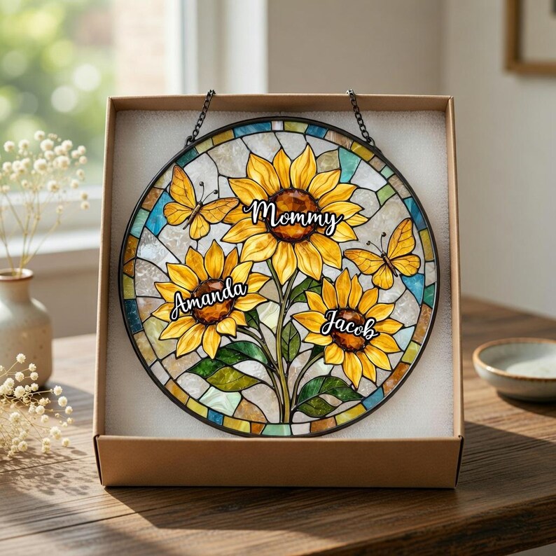 Personalized Mom Sunflower Suncatcher: Stained Glass Style Floral Window Hanging image 2
