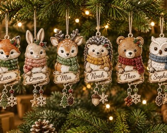 Personalized Woodland Animal Christmas Ornament, Custom Name Kids Keepsake, Forest Animal Holiday Gift, Christmas Tree Decor