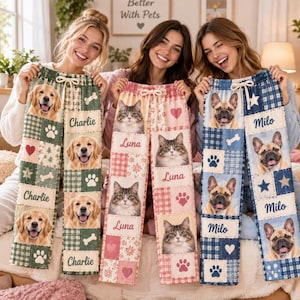 Personalized Pet Pajama Pants, Custom Dog Cat Photo Sleepwear for Pet Moms, Birthday Gift for Her, Patchwork Pet PJs