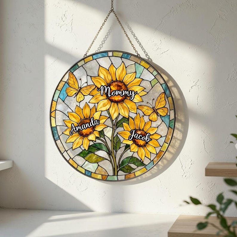 Personalized Mom Sunflower Suncatcher: Stained Glass Style Floral Window Hanging image 4
