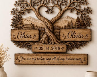 Personalized Couple Family Tree Wall Art, Custom Names Wedding Date Sign, Anniversary Gift for Couple, Rustic Home Decor