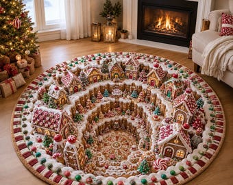 Gingerbread Village Christmas Tree Skirt, Candy Land Holiday Rug, Gingerbread House Decor, Christmas Gift for Family