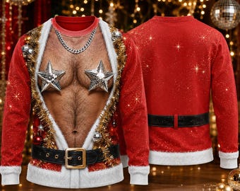 Funny Sexy Santa Ugly Christmas Sweater, Men's Naughty Xmas Party Shirt, White Elephant Gift for Boyfriend Husband
