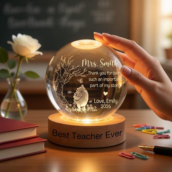 Personalized Crystal Ball Lamp – Winnie the Pooh Teacher Gift, Engraved Wood Base