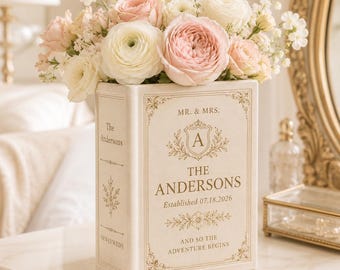 Personalisierte Buchvase für Paare, individuelle Blumenvase zum Hochzeitstag, Verlobungsgeschenk, romantische Wohndekoration