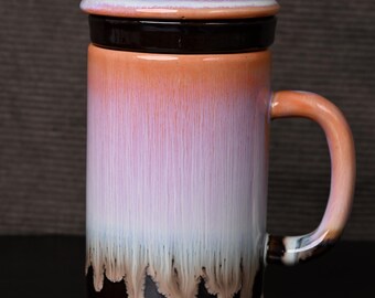 Melting Sunset Premium Glazed Ceramic Tea Mug with Infuser and Lid – Elegant Gift for Tea Lovers and Home Warming