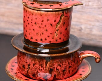 Handmade Molten Coral Ceramic Coffee Set – Vietnamese Phin Filter & Mug | Manual Brew Coffeeware, Craft Coffee Gift for Coffee Lovers
