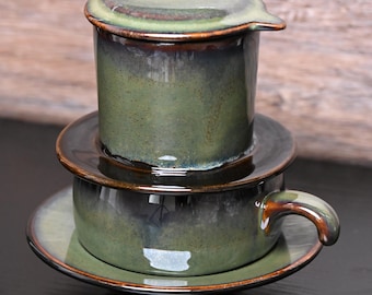 Handmade Emerald Mist Ceramic Coffee Set – Vietnamese Phin Filter & Mug | Manual Brew Coffeeware, Craft Coffee Gift for Coffee Lovers