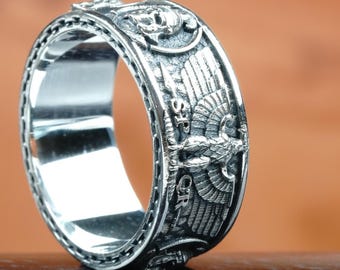 925 Silver SPQR Roman Legion Ring,Oxidized Finish Skull Wreath Warrior Band Men Gift,Roman Battle Ring,wedding anniversary gift ring